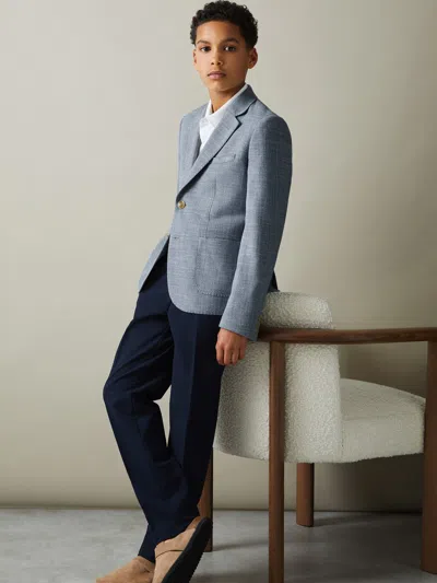 Reiss Soft Blue Aphrodite 3-9 Yrs Slub Check Single Breasted Blazer