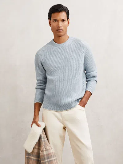 Reiss Soft Blue Brushed Rib-knit Crew-neck Jumper With Wool