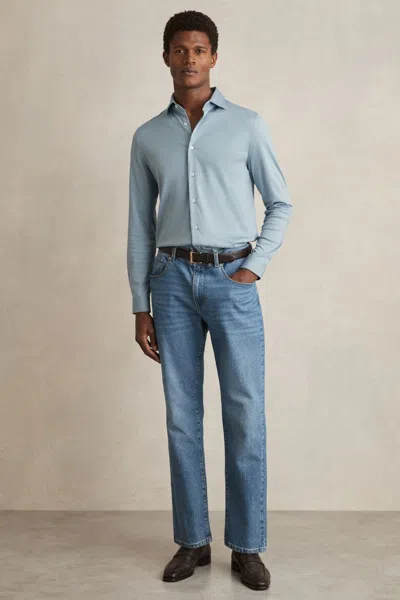 REISS SOFT BLUE COTTON-JERSEY BUTTON-THROUGH SHIRT
