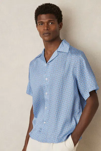 Reiss Soft Blue Geometric Wave Print Cuban Shirt
