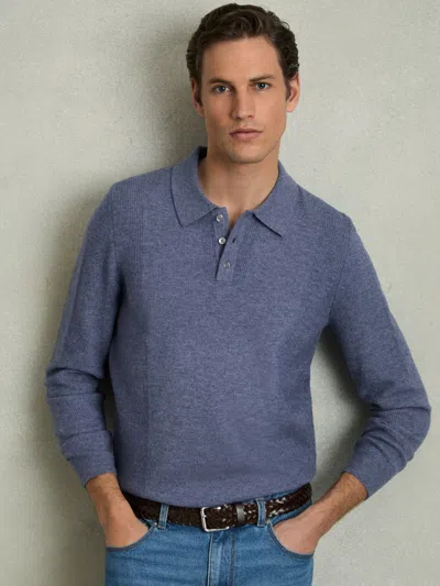 Reiss Soft Blue Kingsley Wool Textured Long Sleeve Polo Shirt