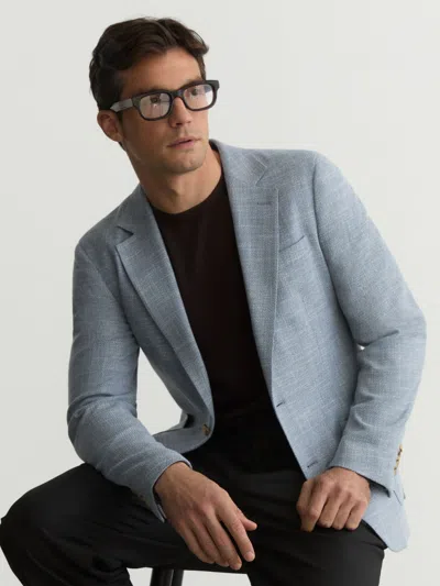 Reiss Soft Blue Manci Single-breasted Herringbone Blazer Tailored-fit With Cotton