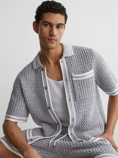 Reiss Mens Soft Blue Meadows Short-sleeve Crochet Shirt Xs In Gray