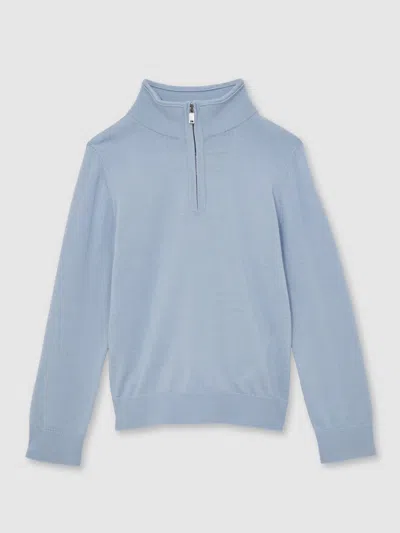 Reiss Soft Blue Melange 13-14 Yrs Merino Wool Half-zip Funnel Neck Jumper