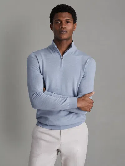 REISS SOFT BLUE MELANGE MERINO WOOL HALF-ZIP FUNNEL NECK JUMPER