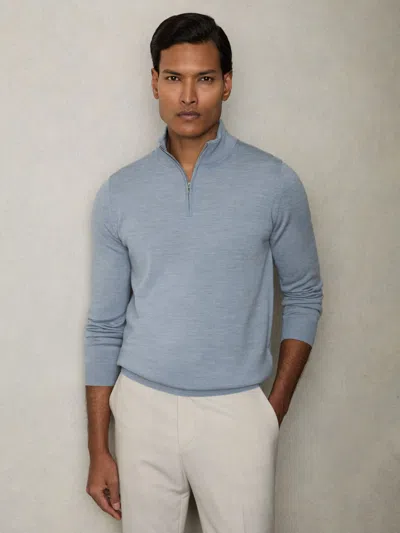 Reiss Soft Blue Melange Merino Wool Half-zip Jumper