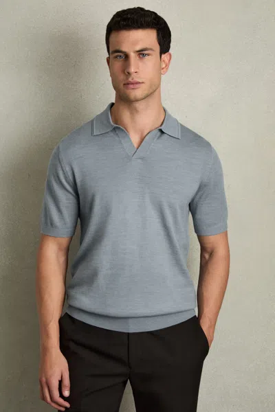 REISS SOFT BLUE MELANGE MERINO WOOL OPEN-COLLAR POLO SHIRT
