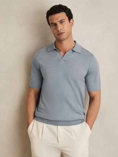 Reiss Soft Blue Melange Merino Wool Open Collar Polo Shirt In Burgundy