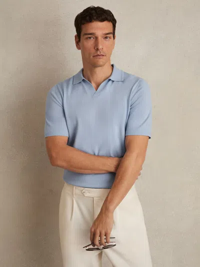 REISS SOFT BLUE MERINO WOOL OPEN COLLAR POLO SHIRT