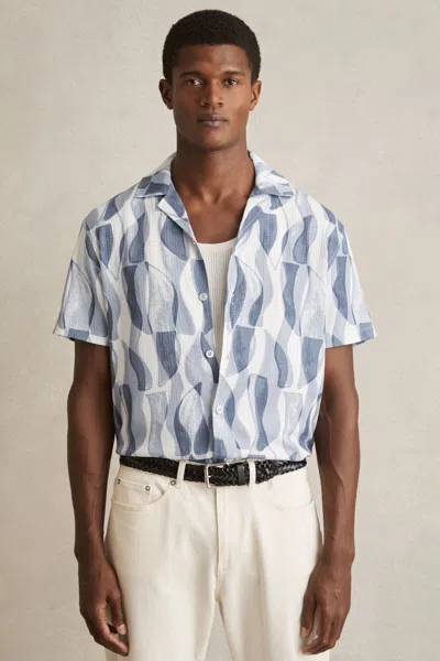 Reiss Soft Blue Printed Textured Cuban-collar Shirt