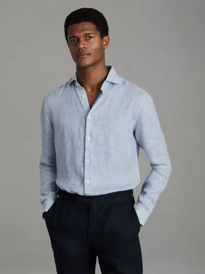 Reiss Soft Blue Puppytooth Linen Button-through Shirt