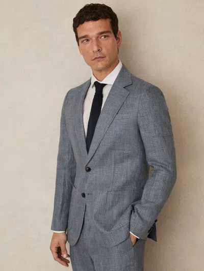 Reiss Soft Blue Slim Fit Single Breasted Linen Check Suit Blazer