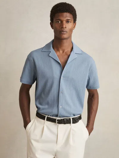 Reiss Soft Blue Textured Crepe Cuban Collar Shirt