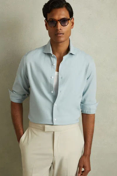 Reiss Soft Blue Textured Garment Dyed Button-through Shirt