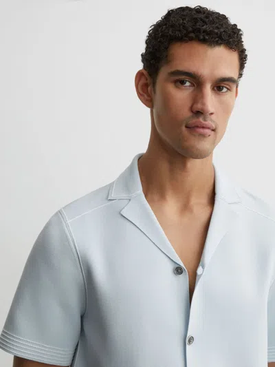 Reiss Soft Blue Wandsworth Stitch-detail Cuban-collar Knit Shirt