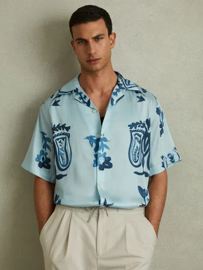 Reiss Soft Blue/airforce Blue Relaxed Floral Print Cuban Collar Shirt