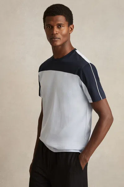 REISS SOFT BLUE/NAVY MERCERISED-COTTON COLOUR-BLOCK T-SHIRT