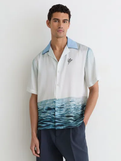 Reiss Mens Soft Blue Dive Cuban-collar Landscape-print Woven Shirt Xl In Multi