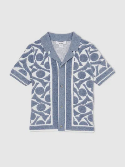 Reiss Soft Blue/white Abstract-pattern Towelling Shirt In Multi