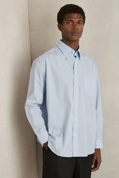 Reiss Soft Blue/white Oversized Poplin Stripe 100% Cotton Shirt