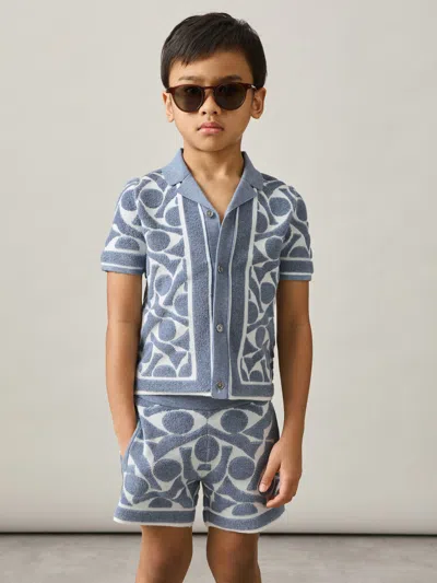Reiss Soft Blue/white Vounder 9-13 Yrs Abstract-pattern Towelling Shorts