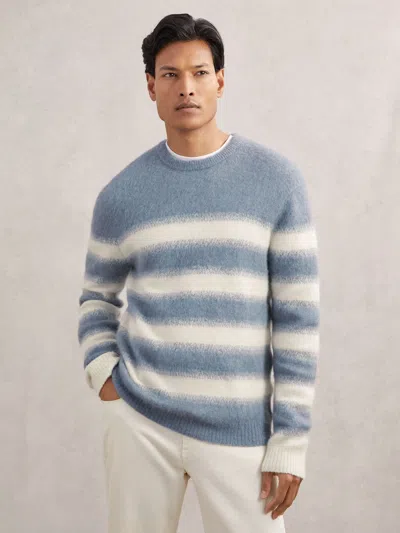 Reiss Piers Long Sleeve Crew Stripe Brush Alpaca Wool Jumper In Blue