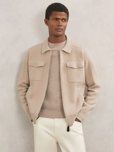 Reiss Calder Long Sleeve Zip Through Twin Pocket Merino Jumper Jacket In Brown