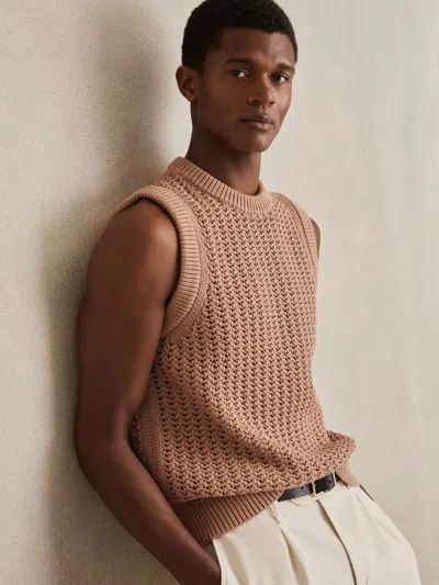 Reiss Soft Camel Cotton-blend Crochet Vest In Brown