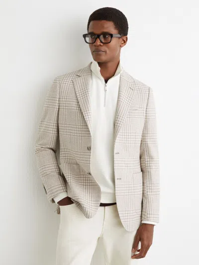 Reiss Soft Grey Bardo Cotton And Wool Single-breasted Blazer Classic-fit In Check In Neutral