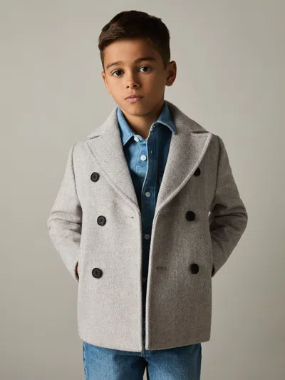 Reiss Soft Grey Melange Bergamo 9-13 Yrs Wool-blend Twill Double-breasted Coat