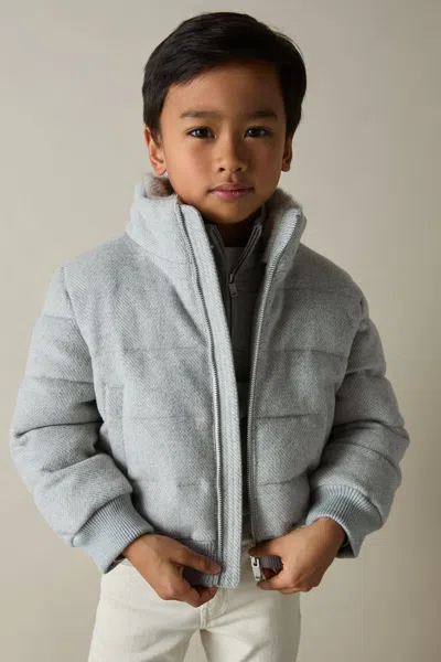 Reiss Soft Grey Melange Farid Herringbone Faux-fur Collar Puffer Jacket