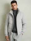 Reiss Soft Grey Melange Farid Quilted Wool-blend Herringbone And Faux-fur Jacket In Gray