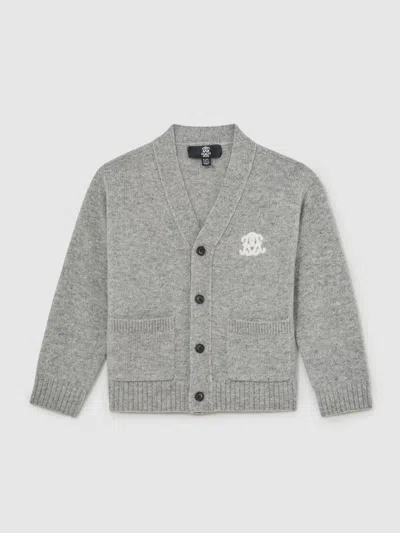 Reiss Soft Grey Melange Norris Monogram Relaxed Wool-blend Cardigan In Gray