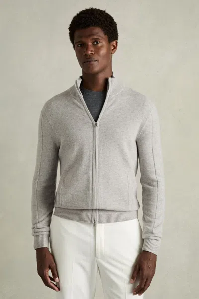 Reiss Soft Grey Melange Splint Wool-cashmere Zip-through Funnel-neck Cardigan In Soft Grey