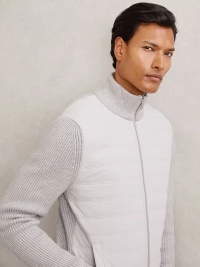 Reiss Soft Grey Quilted Rib-knit Funnel-neck Jacket In Animal Print