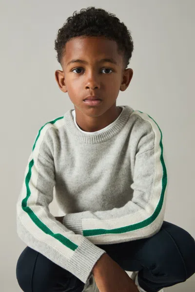 Reiss Soft Grey/green 3-9 Yrs Wool Stiped-sleeve Jumper