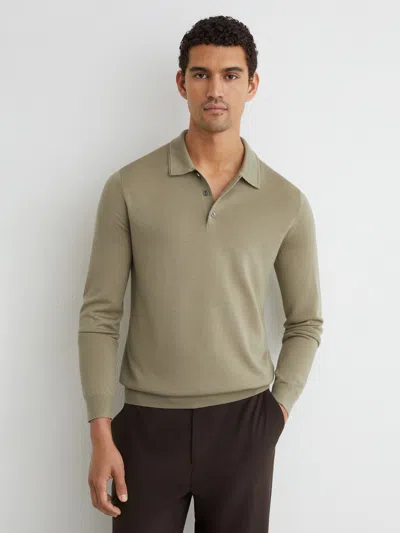 Reiss Trafford Merino Wool Slim Fit Long Sleeve Polo Shirt In Green