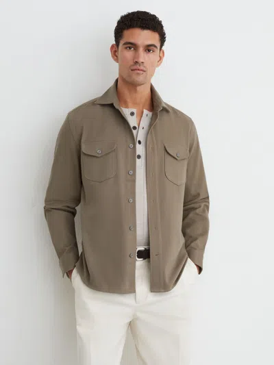 Reiss Soft Sage Cotton-twill Twin-pocket Regular-fit Shirt In Brown