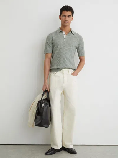 Reiss Soft Sage Era Textured-knit Half-button Polo Shirt In Green