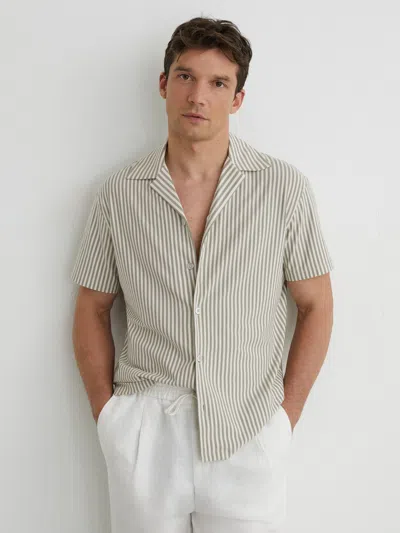 Reiss Soft Sage Green Aurelia Cotton-blend Stripe Cuban-collar Shirt In Multi