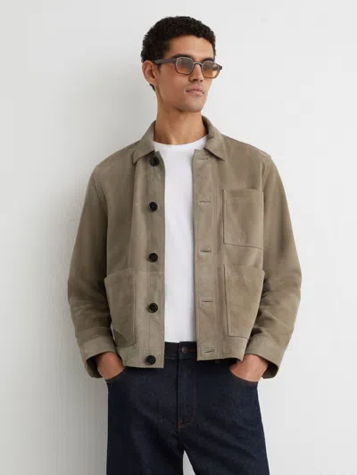 Reiss Soft Sage Green Danny Suede Patch-pocket Worker Jacket In Neutral