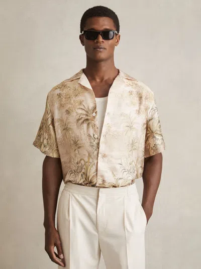 Reiss Soft Sage Green Jungle Print Cuban-collar Shirt In Multi