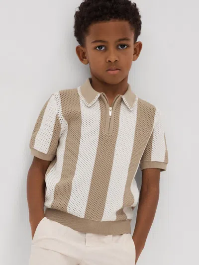 Reiss Kids' Soft Taupe/optic White 9-13 Yrs Knitted Striped Half-zip Polo Shirt In Brown