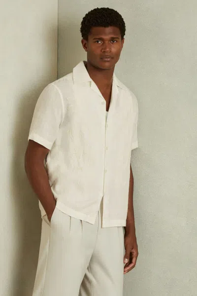 Reiss White Sonny Linen Embroidered Cuban Collar Shirt