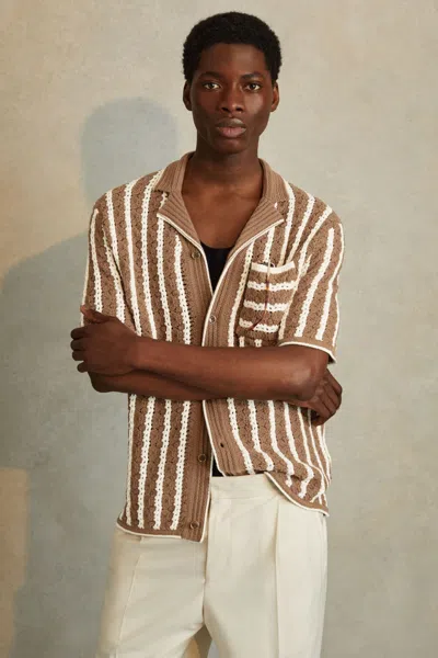 Reiss Spritz - Camel/white Oversized Crochet Striped Cuban Collar Shirt, Xs