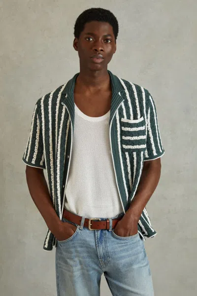 Reiss Spritz - Green/white Oversized Crochet Striped Cuban Collar Shirt, Xl