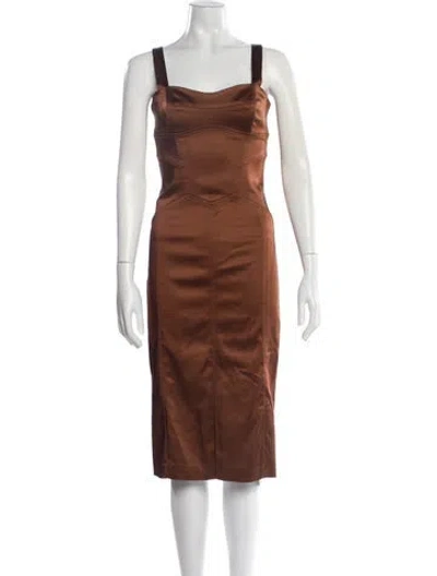 Pre-owned Reiss Square Neckline Midi Length Dress In Brown