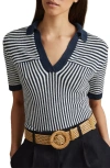 Reiss Womens Navy/ivory Stevie Open-collar Stripe Knitted Polo In Navy/ Ivory