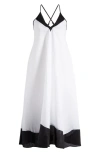 Reiss Navy/white Stevie Linen Colourblock Cross-back Midi Dress In Navy/ White