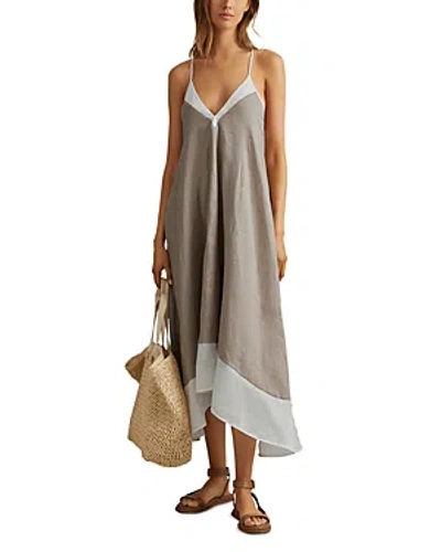 Reiss Ivory/taupe Stevie Linen Colourblock Cross-back Midi Dress In Ivory/taupe